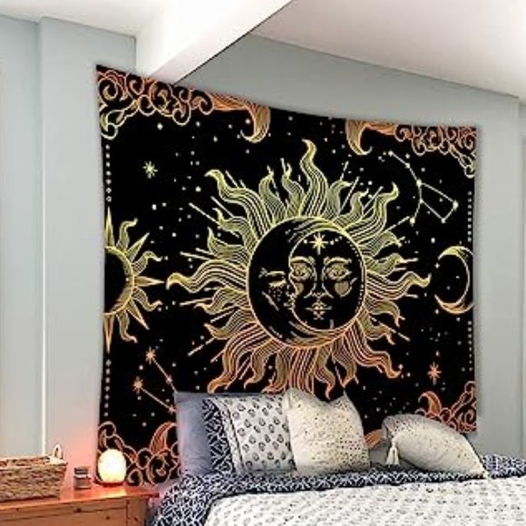 Black Orange & Gold Sun and Moon Celestial Wall Tapestry Hippie Art Bohemian New - Picture 1 of 5